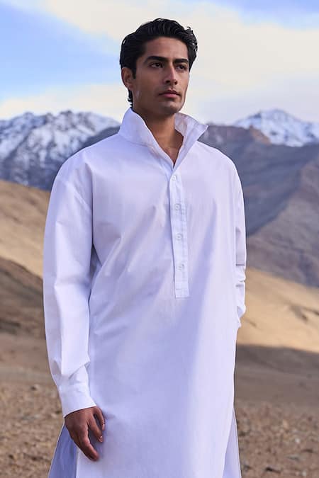 Dash And Dot_White Cotton Longline Shirt Kurta _Online_at_Aza_Fashions