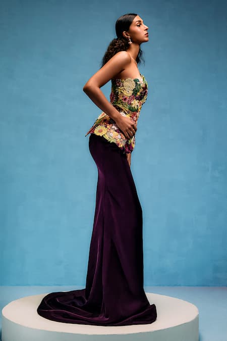 Buy_Taali_Burgundy Net, Silk, Tulle, Rayon Embroidery, Floral Embellished Corset Skirt Set _Online_at_Aza_Fashions