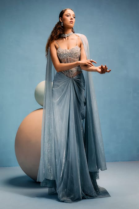 Taali_Blue Chiffon, Net Sequins, Crystals Square Ice Hand Embellished Gown And Veil _Online_at_Aza_Fashions