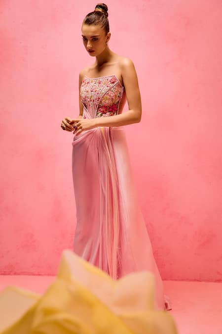 Taali_Pink Silk, Net Beads, Sequins, Stones Square Neck Powder Hand Embellished Gown _Online_at_Aza_Fashions