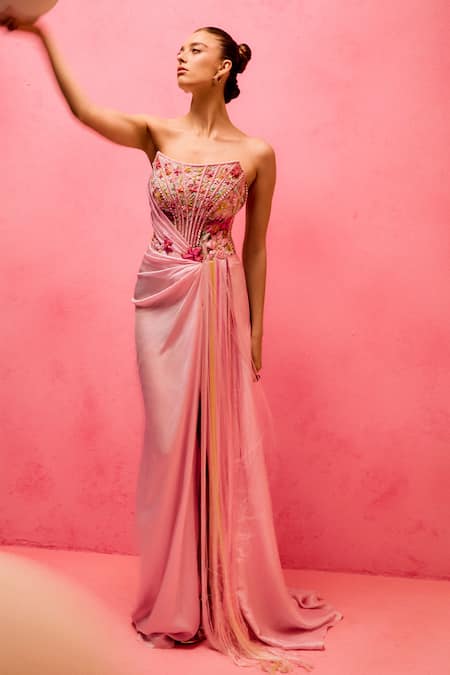 Buy_Taali_Pink Silk, Net Beads, Sequins, Stones Square Neck Powder Hand Embellished Gown _Online_at_Aza_Fashions