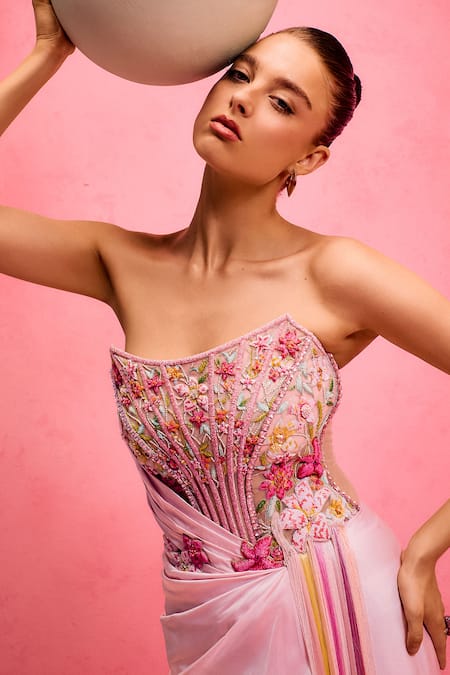 Shop_Taali_Pink Silk, Net Beads, Sequins, Stones Square Neck Powder Hand Embellished Gown _Online_at_Aza_Fashions