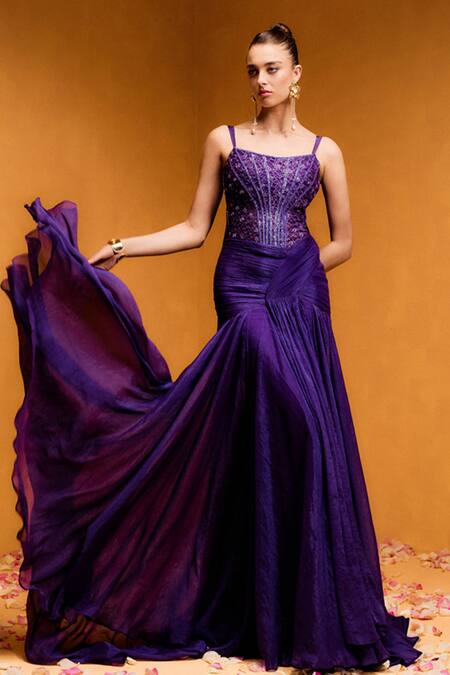 Taali_Purple Net, Chiffon Beads, Sequins Square Neck Hand Embellished Designer Dress _Online_at_Aza_Fashions
