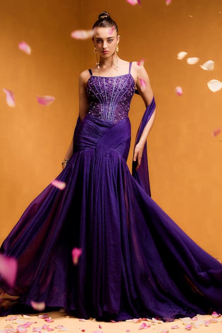 Taali Purple Net, Chiffon Beads, Sequins Square Neck Hand Embellished Designer Dress 