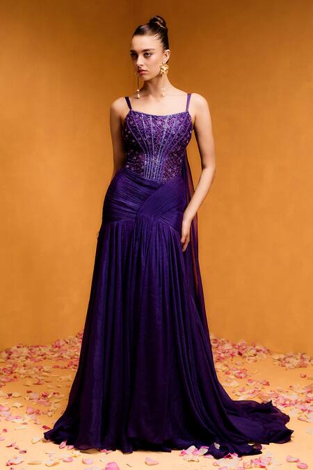 Shop_Taali_Purple Net, Chiffon Beads, Sequins Square Neck Hand Embellished Designer Dress _Online_at_Aza_Fashions