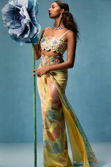 Taali_Yellow Net, Silk, Chiffon Embroidery, Hand Embellished Corset And Skirt Set _Online_at_Aza_Fashions