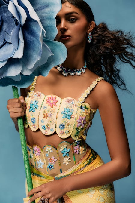 Buy_Taali_Yellow Net, Silk, Chiffon Embroidery, Hand Embellished Corset And Skirt Set _Online_at_Aza_Fashions