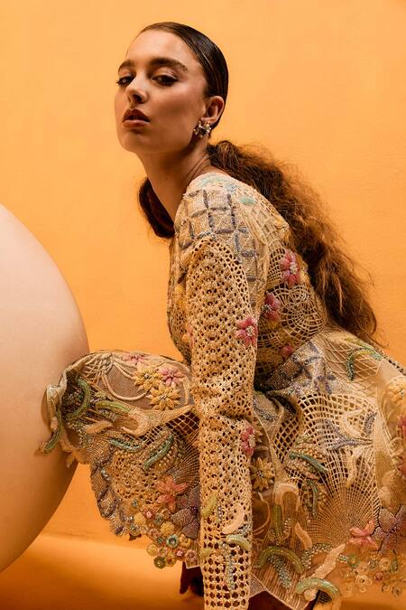 Taali_Yellow Net, Organza Beads, Sequins V-neck Hand Embellished Peplum Dress _Online_at_Aza_Fashions