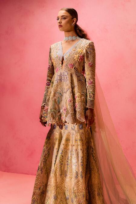 Taali_Yellow Net, Organza, Tissue, Silk Beads, Hand Embellished Peplum Kurta Set _Online_at_Aza_Fashions