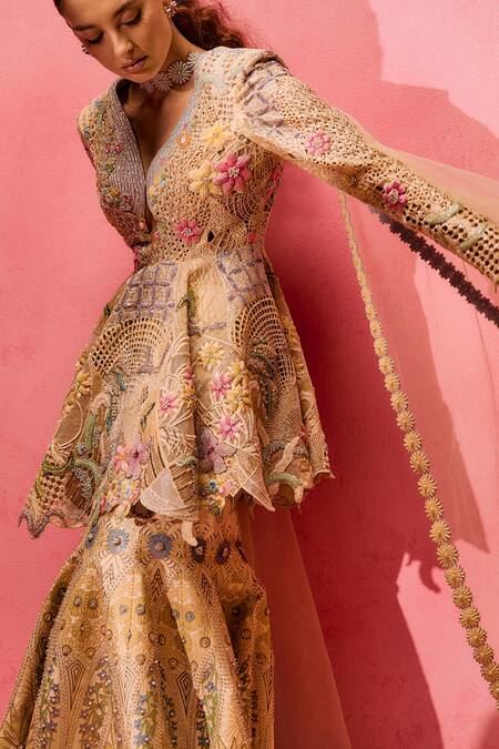 Shop_Taali_Yellow Net, Organza, Tissue, Silk Beads, Hand Embellished Peplum Kurta Set _Online_at_Aza_Fashions