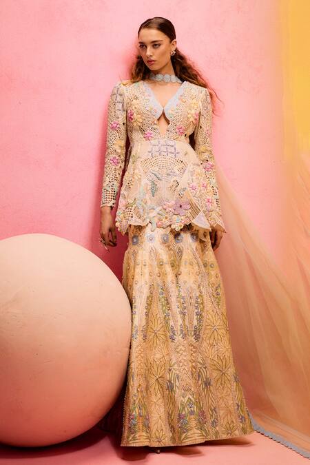 Taali_Yellow Net, Organza, Tissue, Silk Beads, Hand Embellished Peplum Kurta Set _at_Aza_Fashions