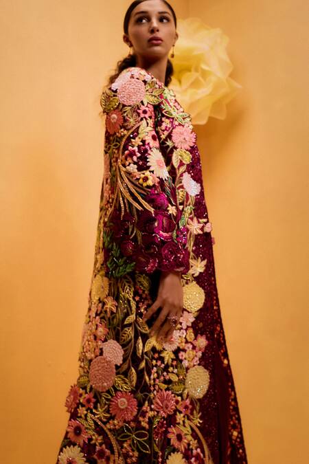 Taali_Wine Net, Organza, Silk Beads Open Neck, Embroidered Jacket And Skirt Set _Online_at_Aza_Fashions