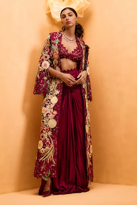 Taali Wine Net, Organza, Silk Beads Open Neck, Embroidered Jacket And Skirt Set 
