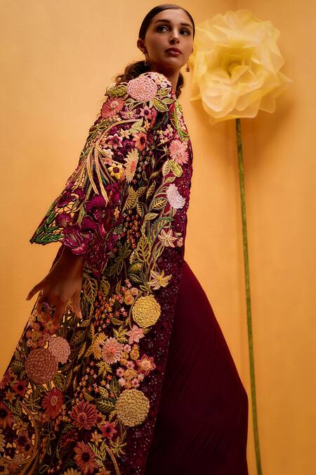 Buy_Taali_Wine Net, Organza, Silk Beads Open Neck, Embroidered Jacket And Skirt Set _Online_at_Aza_Fashions