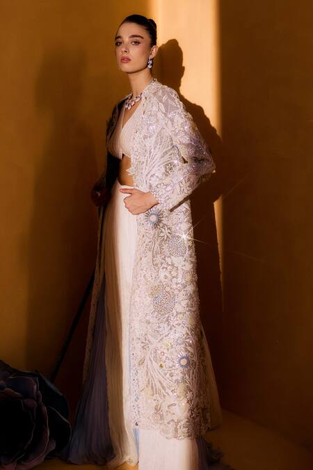 Taali_Off White Silk Beads, Embroidery V-, Open Hand Embellished Jacket Set _Online_at_Aza_Fashions