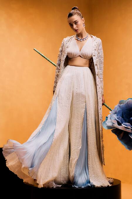 Buy_Taali_Off White Silk Beads, Embroidery V-, Open Hand Embellished Jacket Set _Online_at_Aza_Fashions