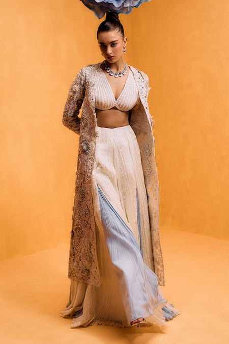 Taali Off White Silk Beads, Embroidery V-, Open Hand Embellished Jacket Set 