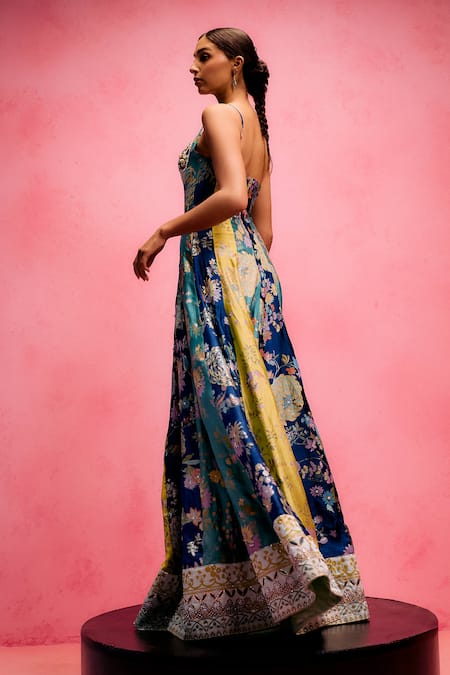 Taali_Aqua Silk, Tissue Embroidery Square Neck Multi Color Hand Painted Anarkali Dress_Online_at_Aza_Fashions