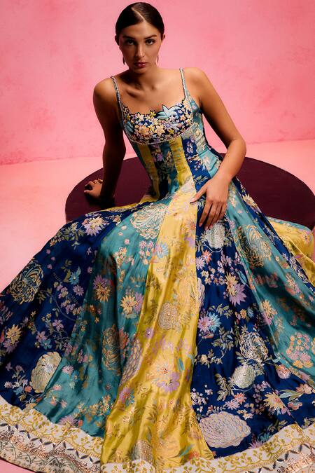 Buy_Taali_Aqua Silk, Tissue Embroidery Square Neck Multi Color Hand Painted Anarkali Dress_Online_at_Aza_Fashions