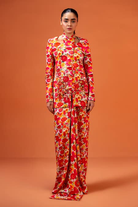 Taali Red Silk Beads, Embroidery Mandarin Multi Color Floral Print Jacket And Skirt Set 