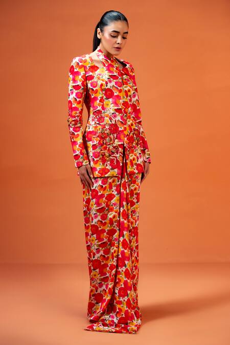 Taali_Red Silk Beads, Embroidery Mandarin Multi Color Floral Print Jacket And Skirt Set _Online_at_Aza_Fashions