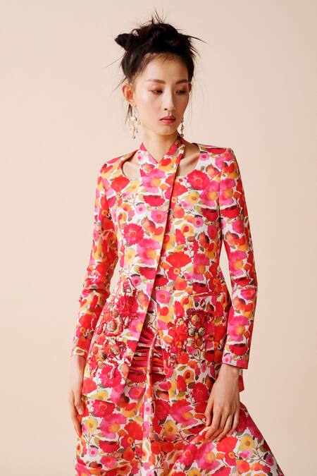 Buy_Taali_Red Silk Beads, Embroidery Mandarin Multi Color Floral Print Jacket And Skirt Set _Online_at_Aza_Fashions