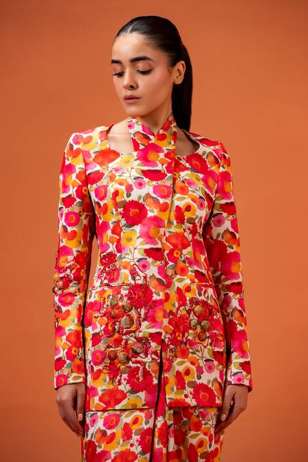 Shop_Taali_Red Silk Beads, Embroidery Mandarin Multi Color Floral Print Jacket And Skirt Set _Online_at_Aza_Fashions