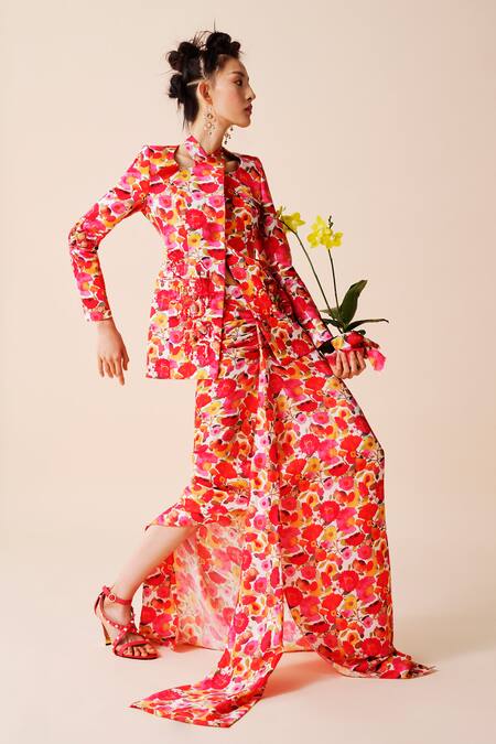 Taali_Red Silk Beads, Embroidery Mandarin Multi Color Floral Print Jacket And Skirt Set _at_Aza_Fashions