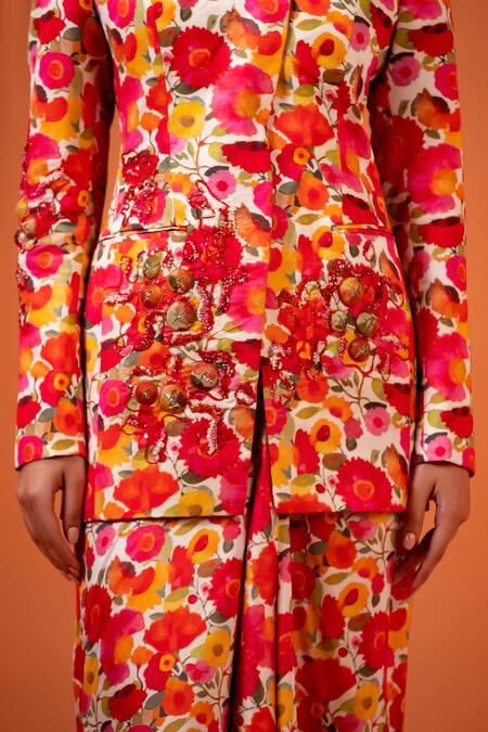 Buy_Taali_Red Silk Beads, Embroidery Mandarin Multi Color Floral Print Jacket And Skirt Set 