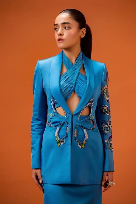 Shop Taali Blue Silk Beads, Sequins Open Neck Hand Embellished Designer Set Online at Aza Fashions Shop_Taali_Blue Silk Beads, Sequins Open Neck Hand Embellished Designer Set _Online_at_Aza_Fashions