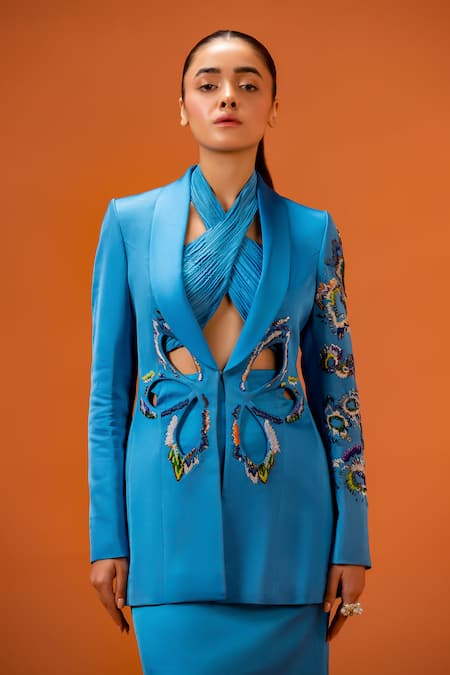 Taali Blue Silk Beads, Sequins Open Neck Hand Embellished Designer Set at Aza Fashions Taali_Blue Silk Beads, Sequins Open Neck Hand Embellished Designer Set _at_Aza_Fashions