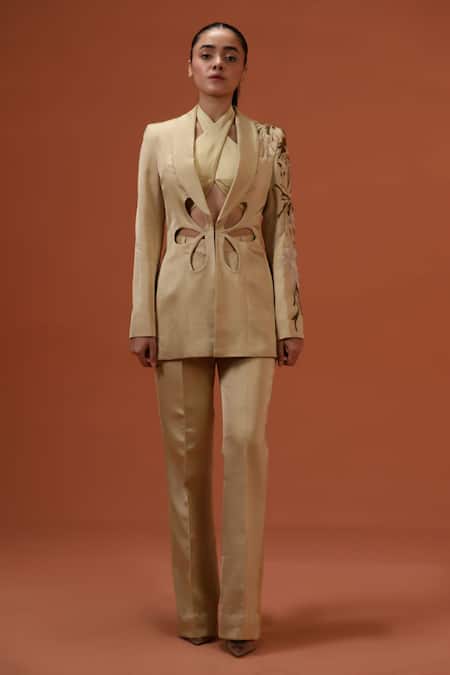 Taali_Beige Silk Beads, Sequins, Embroidery Open Hand Embellished Blazer And Pant Set _Online_at_Aza_Fashions