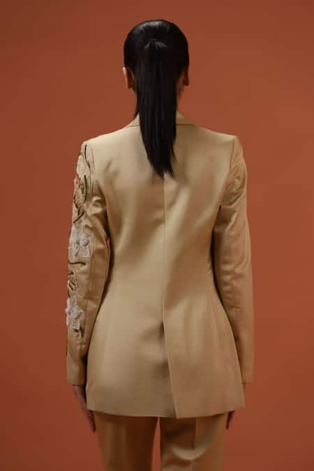 Buy_Taali_Beige Silk Beads, Sequins, Embroidery Open Hand Embellished Blazer And Pant Set _Online_at_Aza_Fashions