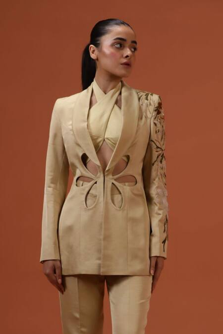 Shop_Taali_Beige Silk Beads, Sequins, Embroidery Open Hand Embellished Blazer And Pant Set _Online_at_Aza_Fashions