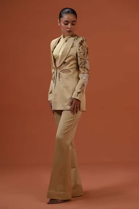 Buy_Taali_Beige Silk Beads, Sequins, Embroidery Open Hand Embellished Blazer And Pant Set 