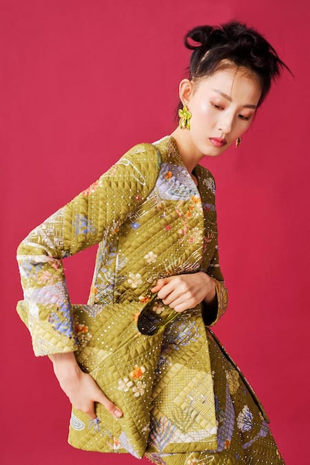 Taali Green Quilted Designer Jacket Set 