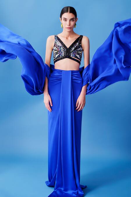 Taali_Blue Silk, Net Beads, Sequins V-neck Hand Embellished Blouse And Skirt Set _at_Aza_Fashions