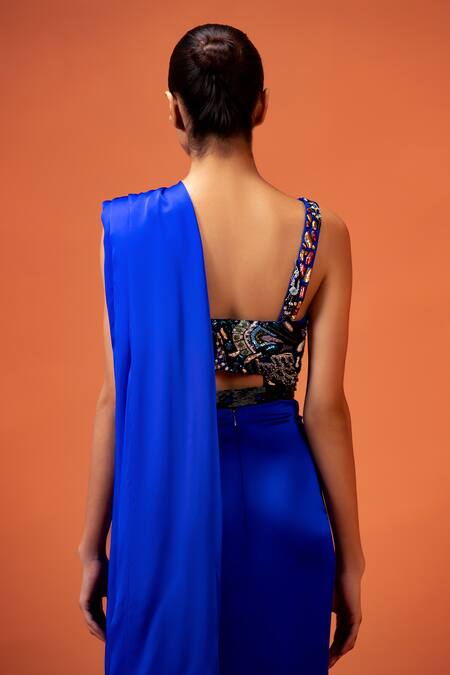 Shop_Taali_Blue Silk, Net Beads, Sequins V-neck Hand Embellished Blouse And Skirt Set 