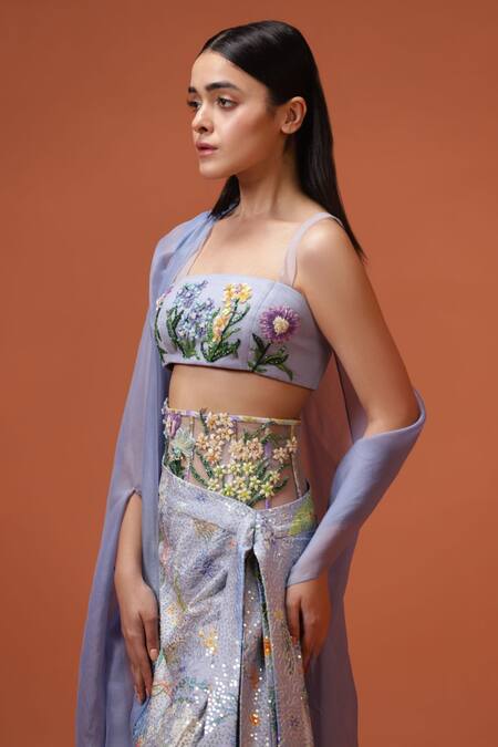 Taali_Blue Silk, Net, Organza Beads, Sequins Digital Print Embellished Skirt Set _Online_at_Aza_Fashions