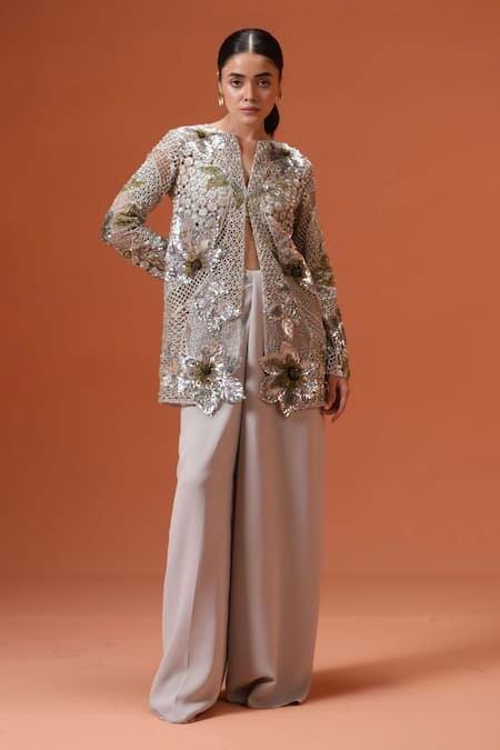 Taali Silver Silk, Net Sequins, Beads Round Hand Embellished Jacket And Palazzo Set 