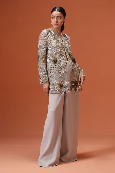 Taali Hand Embellished Silver Jacket & Palazzo Set 