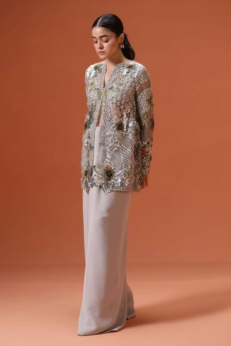 Taali_Silver Silk, Net Sequins, Beads Round Hand Embellished Jacket And Palazzo Set _Online_at_Aza_Fashions