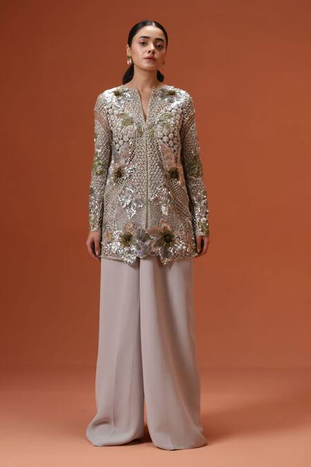 Buy_Taali_Silver Silk, Net Sequins, Beads Round Hand Embellished Jacket And Palazzo Set _Online_at_Aza_Fashions
