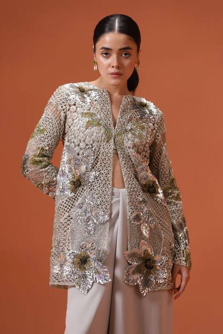 Shop_Taali_Silver Silk, Net Sequins, Beads Round Hand Embellished Jacket And Palazzo Set _Online_at_Aza_Fashions