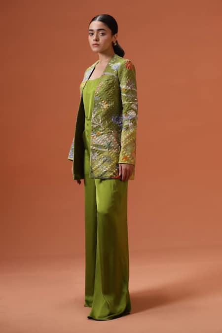 Taali Sage Green Quilted Jacket & Palazzo Set 