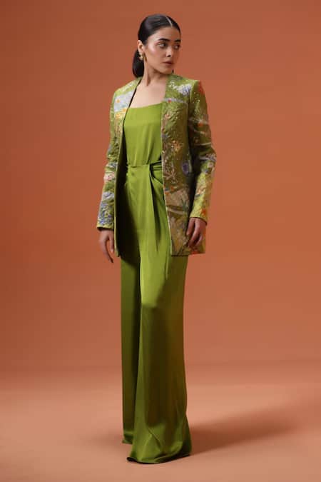 Taali_Green Silk Embroidery Open , Square Sage Quilted Jacket And Palazzo Set _Online_at_Aza_Fashions