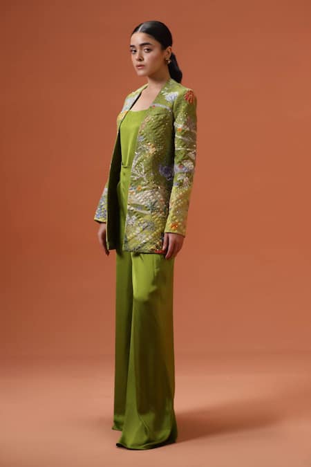 Buy_Taali_Green Silk Embroidery Open , Square Sage Quilted Jacket And Palazzo Set _Online_at_Aza_Fashions