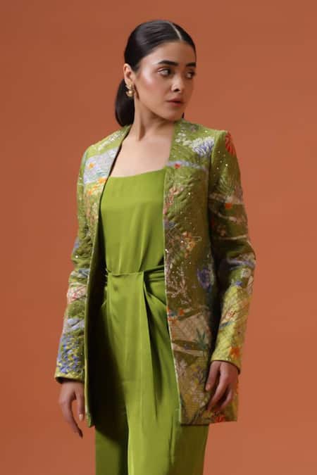 Shop_Taali_Green Silk Embroidery Open , Square Sage Quilted Jacket And Palazzo Set _Online_at_Aza_Fashions