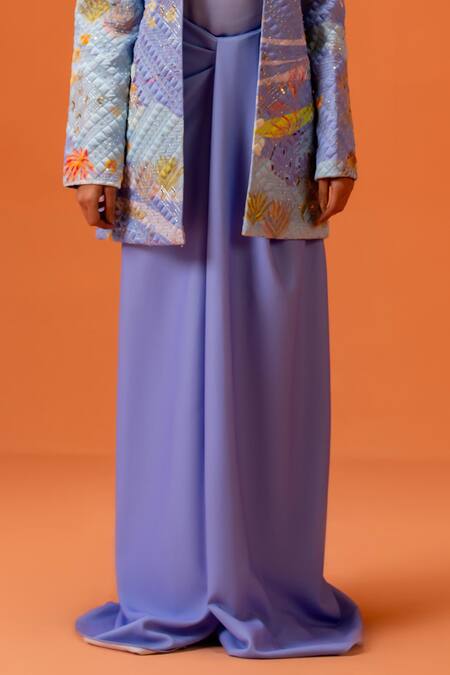 Taali_Blue Silk Embroidery Open Neck, Square Quilted Jacket With Corset And Palazzo _Online_at_Aza_Fashions