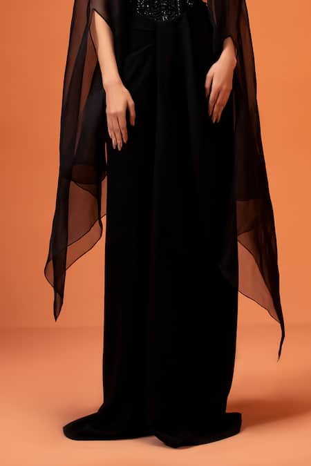 Taali_Black Silk, Organza, Net Beads Bandeau Neck, Hand Embellished Corset Skirt Set _Online_at_Aza_Fashions